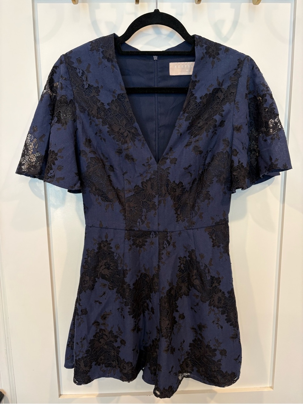 KEEPSAKE the Label Navy Romper with Black Lace Inset